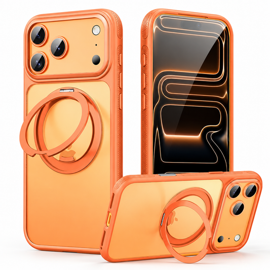 Orange case shown from the front and back, plus a horizontal view supported by an opened circular ring stand. The transparent orange back reveals the phone's logo.