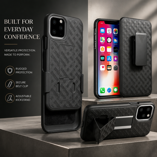 A collage shows a black crosshatch case, its belt-clip holster, phone front and horizontal kickstand position on gray blocks. Text advertises rugged protection, secure clipping and an adjustable stand.
