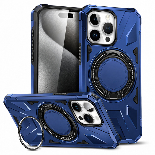 Front, rear and horizontal views show a blue angular rugged case with black accents and a circular ring extended as a stand.