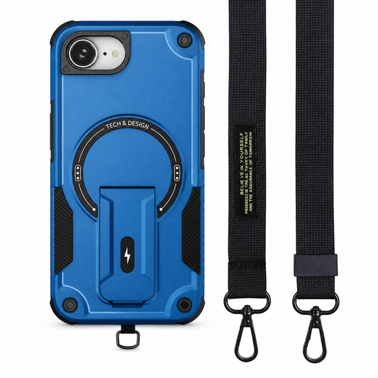 Blue rugged single-camera phone case shown beside two views of a black woven strap with swivel clips. A small attachment ring projects from the case bottom.