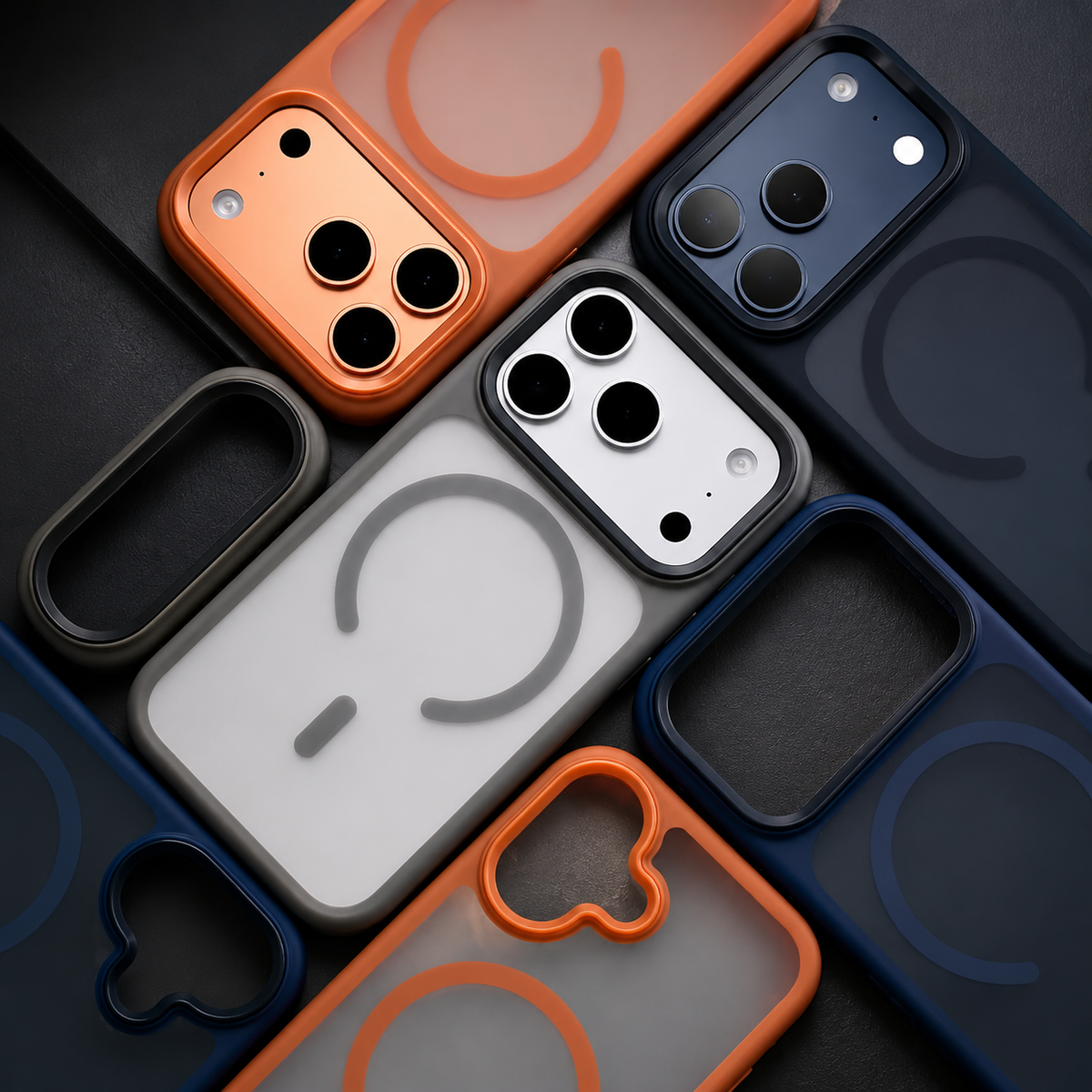 Orange, dark and gray cases with phones installed overlap among empty matching shells on a dark surface.