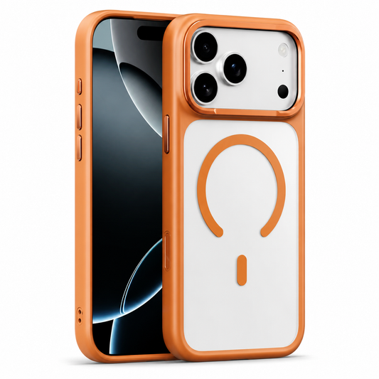Front and rear views of an orange-edged translucent case stand on white, showing an orange magnetic circle on a pale back.
