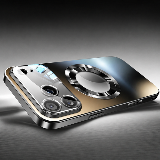 Dark metallic-looking phone case lying on a gray surface, with a broad reflective camera panel and circular back ring.