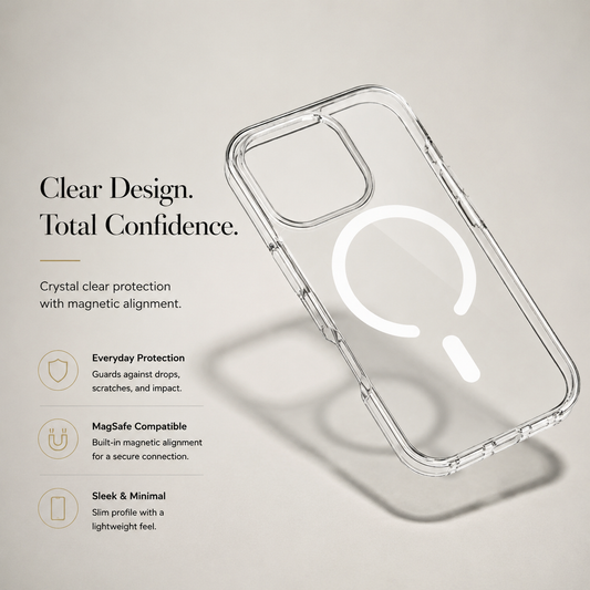 Clear case floats diagonally above beige, casting a rectangular shadow. Its white magnetic ring and raised camera opening are visible beside text advertising protection and a slim profile.