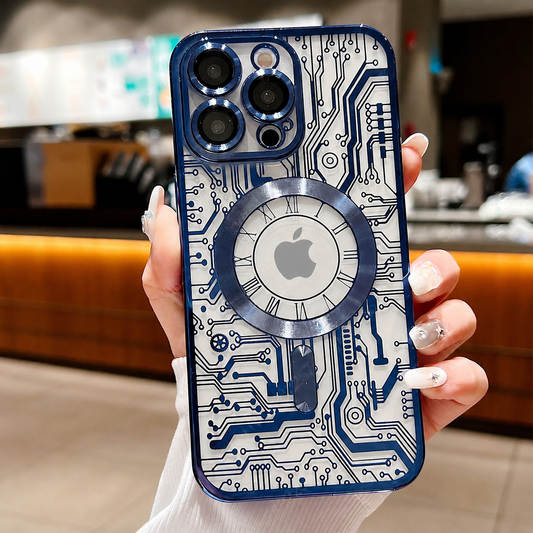 A hand holds a blue-edged phone upright in front of a softly blurred café counter with warm amber lighting. Blue circuit-like lines run across the pale back around a segmented silver-colored ring and central phone logo. Three camera lenses sit at the upper left. A white sleeve and pale decorated fingernails are visible.