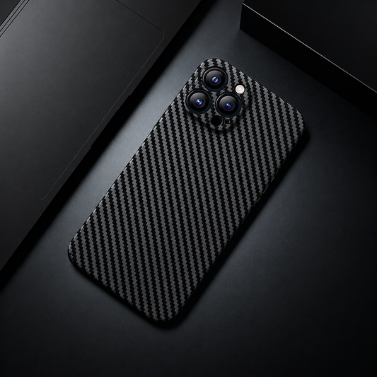 A black and gray diagonally patterned phone case lies on a dark desk near a laptop, with individual camera rims.