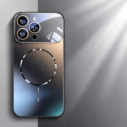 A dark reflective phone case rests against a gray backdrop in angled light, with gold-colored camera rims, a circular rear ring and small lightning-like mark.