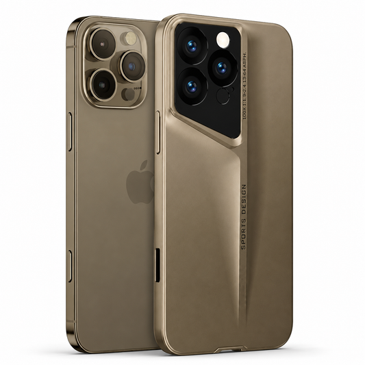 A gold phone stands beside a matching gold case on white, showing an angular metallic camera surround and a long tapered ridge on the back.