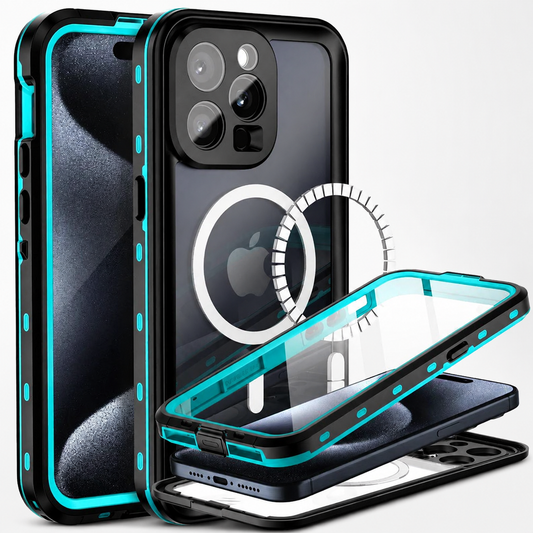 Front, back and separated-layer views show a black full-body phone case with turquoise trim. Its clear back displays a white circular magnetic ring, and an illustrated magnet ring floats beside the layers.