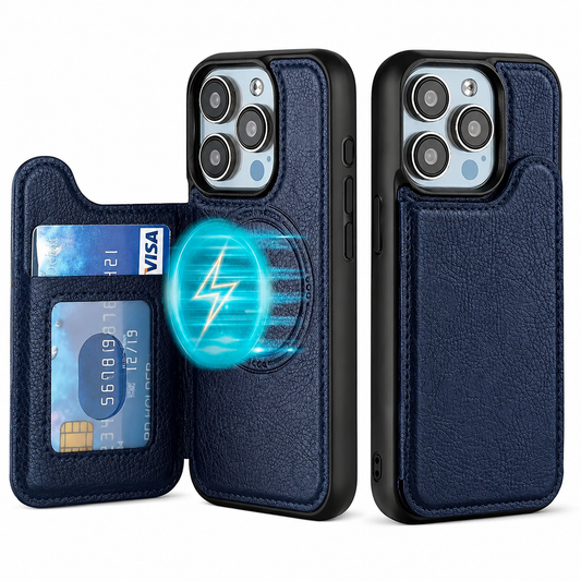 Open and closed views show a navy blue wallet phone case with a card slot and clear window. A blue glowing charging symbol illustrates the magnetic area beneath the open flap.