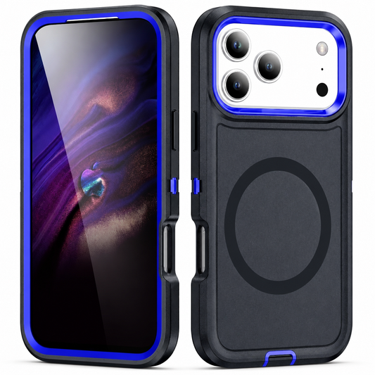 Front and rear views show a black rugged phone case with bright blue trim around its screen and camera opening, a dark rear ring and matching small edge tabs.
