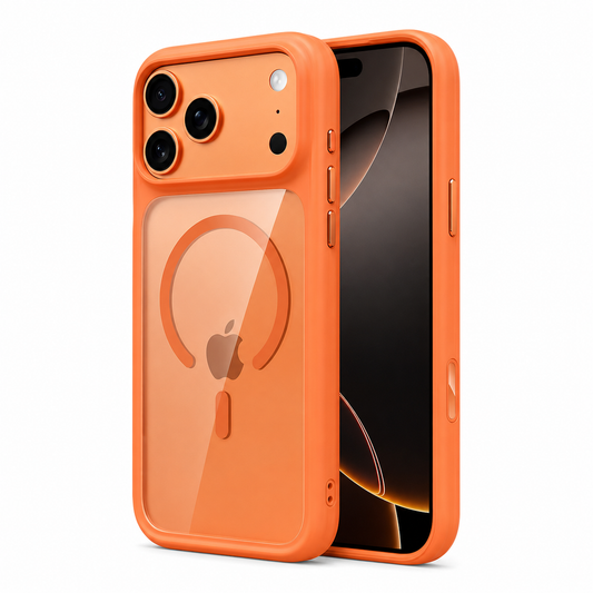 Orange-edged clear case shown from the front and back. An orange magnetic ring and alignment bar appear on the transparent back beneath a broad raised camera opening.