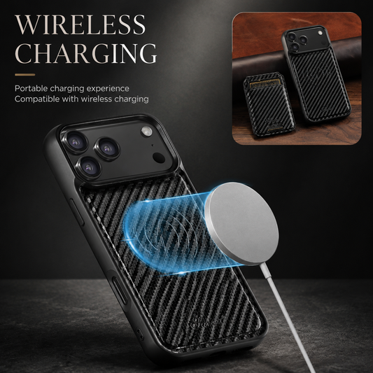 A white charging puck floats toward a black patterned case's exposed back. An inset shows the case beside its detached matching card holder.