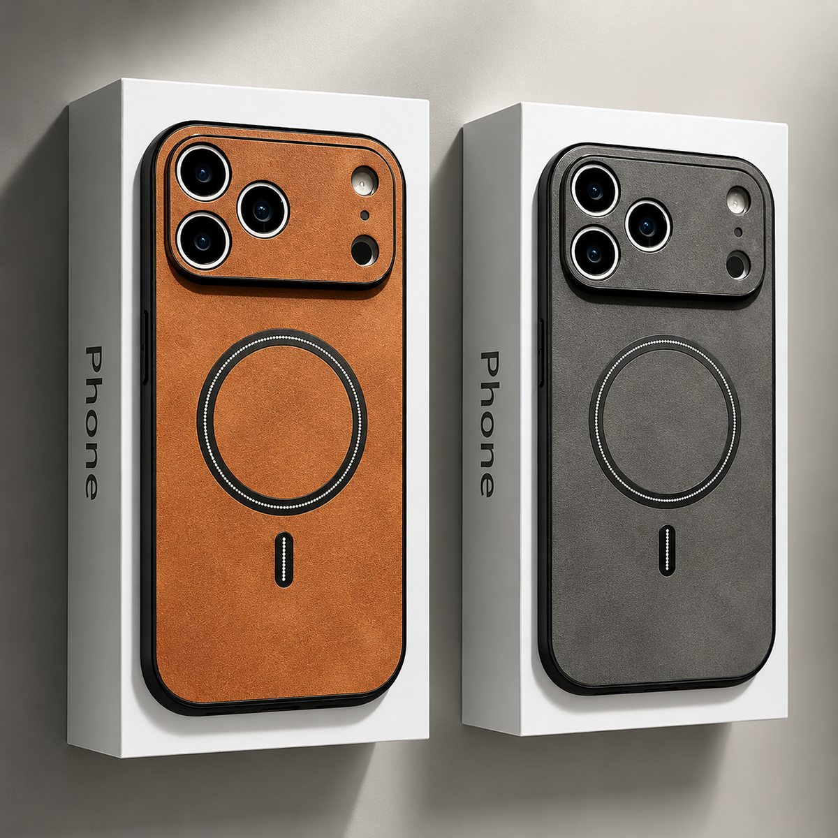 Tan and charcoal phone cases displayed upright on separate white blocks labeled 'Phone', with circular black rings and matching wide camera guards.