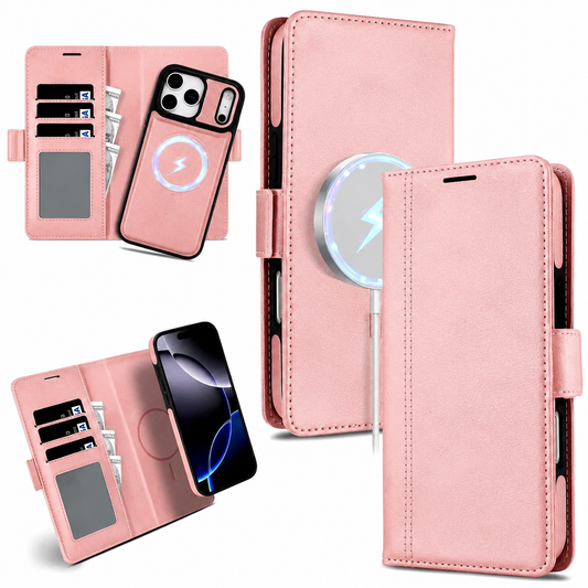 Pink stitched leather-look folio case shown closed and open, with card slots, an ID window, cash storage, and a separate matching phone shell. A glowing charging puck illustrates magnetic charging.