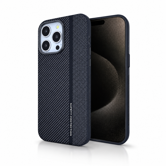 Two phones show the front and back of a black case against white. A diagonal carbon-fiber-style pattern covers most of the back beside a narrow checked stripe labeled “Safety Protection.”