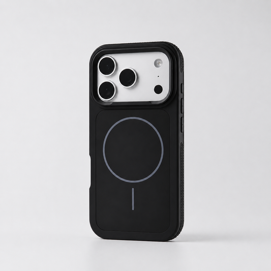 A black matte phone case stands on a pale surface, with a thin gray circular rear ring, short bar, raised camera frame and textured side grip.