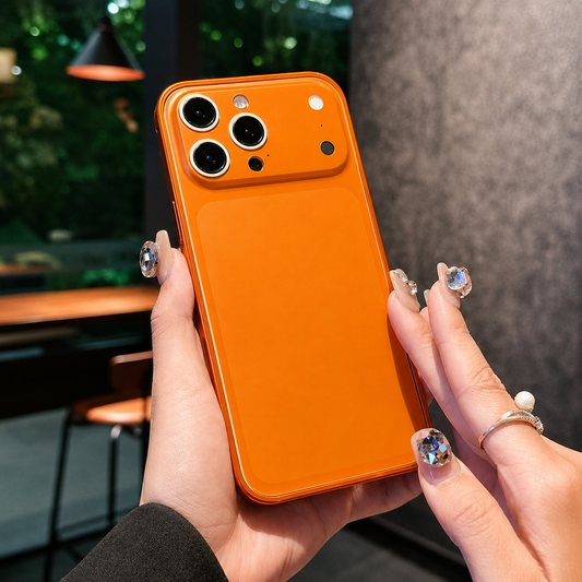 Hands hold an orange case with a plain frosted-looking back and circular camera rims in a café setting.