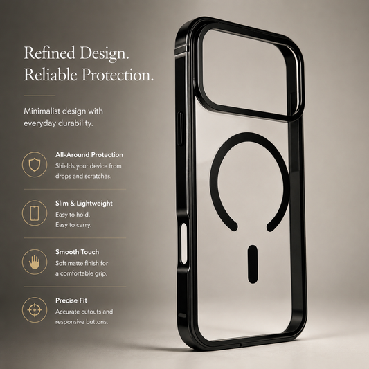 Clear black-edged case stands upright on a beige surface, showing its magnetic ring and raised camera opening. Text advertises protection, a slim profile, smooth touch, and precise fit.