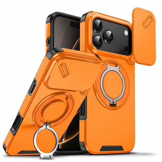 Orange phone case with black edges shown from the front and back. Its camera cover slides sideways, and a circular silver-edged ring folds out to support the phone.