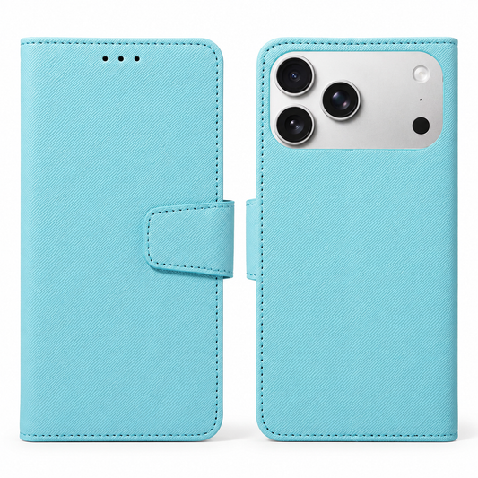Front and rear views of a turquoise textured wallet phone case, with stitched edges, three earpiece holes and a matching closure tab.