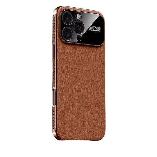 A tan leather-look phone case stands against white. Its matching brown side frame has narrow diagonal slots, and a broad glossy black panel surrounds the three cameras.