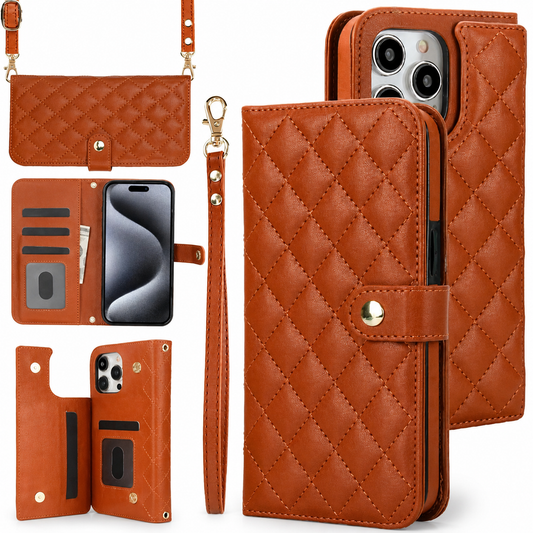 A collage shows a brown diamond-quilted wallet case closed, open and hanging horizontally. Card slots line folding inner panels, and a matching wrist strap attaches at the top.