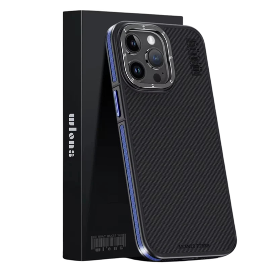 A black diagonally woven phone case stands in front of a tall black retail box on a white background. Blue accents run along the exposed side buttons and outer border, while a silver-colored surround frames three rear camera lenses. The case tilts slightly to reveal its narrow side and patterned back.