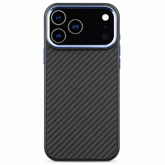 A black woven-patterned case stands rear-facing on white with a blue border around its wide camera panel.