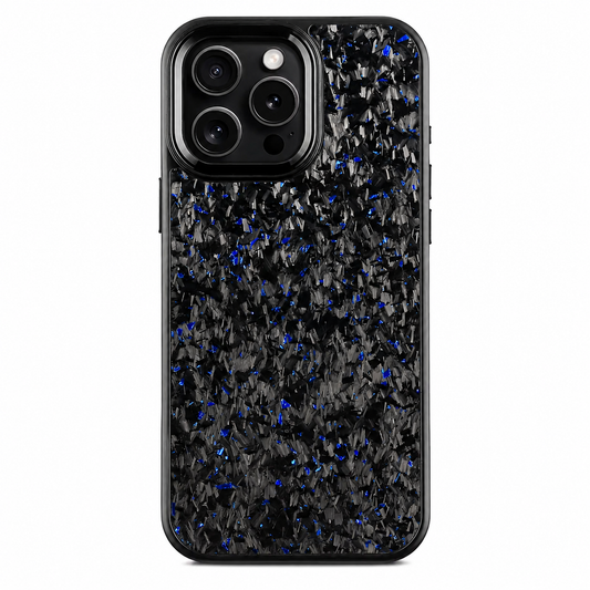 A black phone case stands upright on a white background. Its back has an irregular gray-and-black fragmented pattern scattered with small blue accents. Three rear camera lenses sit inside a raised black surround edged in silver color at the upper left. Smooth rounded black borders frame the patterned panel.