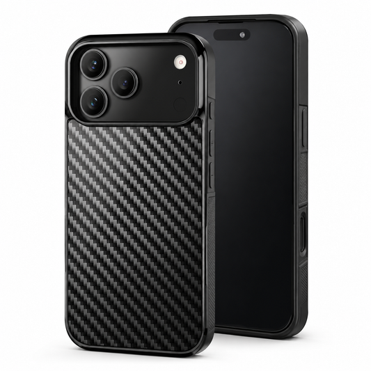 Front and rear views of a black phone case stand on white. The glossy back has diagonal black and gray weave below a broad three-lens camera panel, with rounded protective edges.