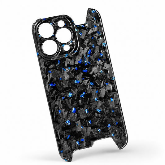 An empty black phone case is shown upright at an angle against a white background. Its glossy fragmented gray pattern contains bright blue flecks. Round camera openings cluster within the upper-left surround, and broad notches leave parts of the top and bottom edges open. A soft shadow sits beneath it.