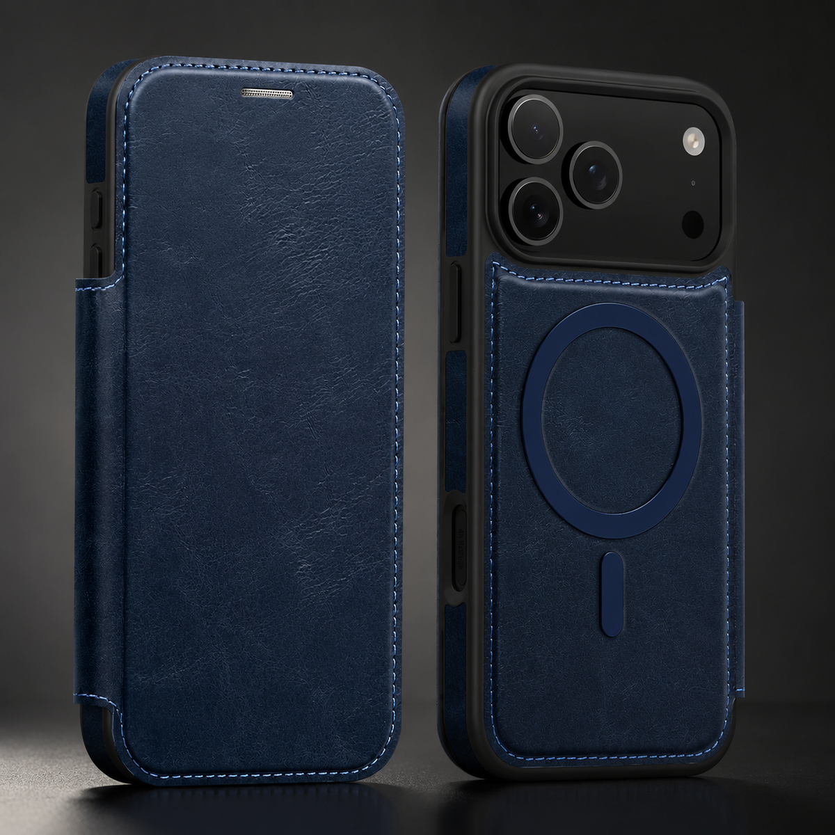 Two blue flip cases stand on a dark surface, one closed with its plain front facing forward and one showing the magnetic ring beneath the camera panel.