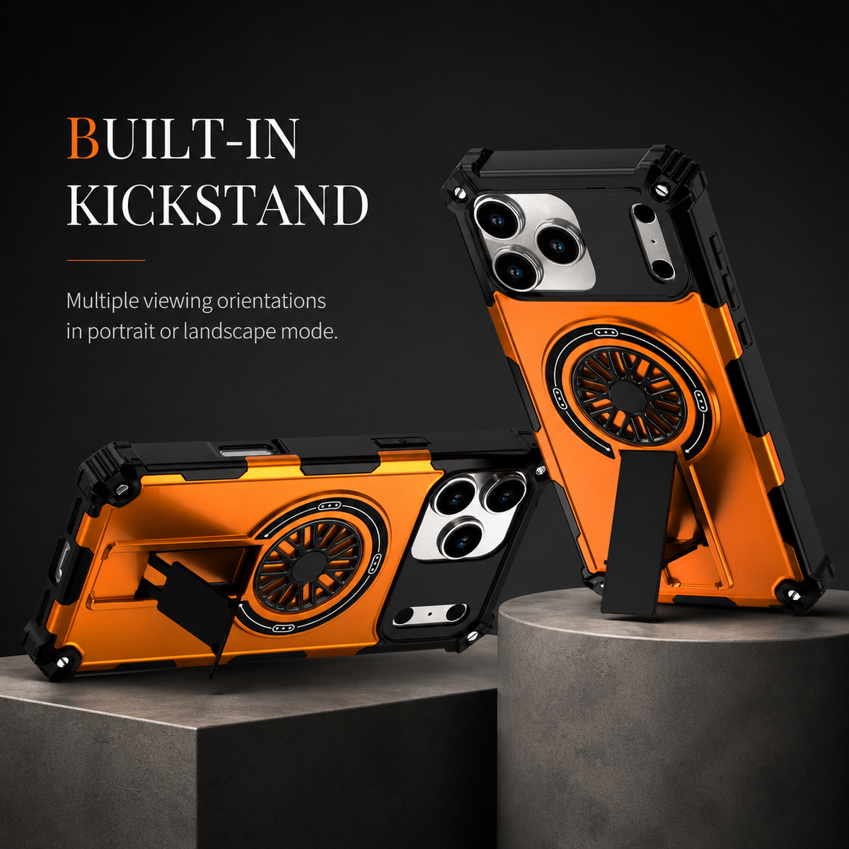 Orange rugged-cased phones stand vertically and horizontally on gray display blocks using extended rectangular kickstands. Text highlights support for portrait and landscape viewing.