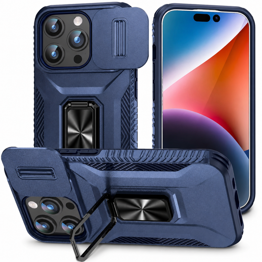 Three views show a navy armor-style phone case from front and back and propped horizontally on a black rectangular ring stand, with its camera cover slid open.