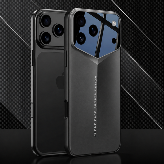 A black bare phone stands beside a fitted dark gray case against a black woven background. The case has a reflective angular camera panel and vertical rear lettering.