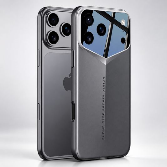 A gray phone stands beside a gray case against a pale background. A reflective camera panel with round lens openings narrows into an angular point above the case's long back ridge.