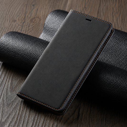 A closed black suede-look flip case rests on rolled black textured material over a wooden surface, showing brown edge stitching and an earpiece slit.