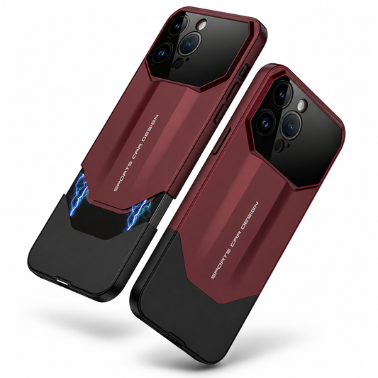 Two burgundy and black phone cases float diagonally on white with angular sports-car-style panels and large camera openings. Blue lightning graphics illustrate attachment of the separate back panel.