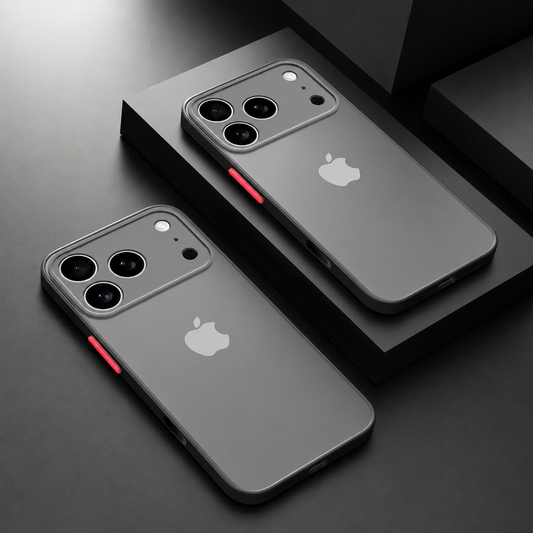 Two black-bordered translucent gray phone cases with red side buttons displayed on dark geometric blocks, with Apple logos visible through their backs.