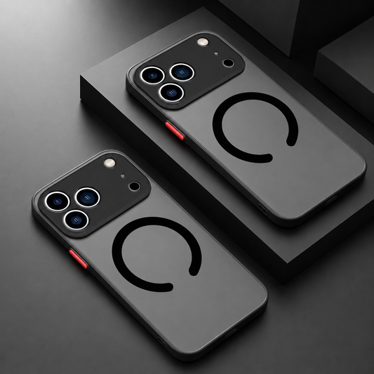 Two translucent gray phone cases on black geometric blocks, with dark camera panels, red buttons and open circular black rings.