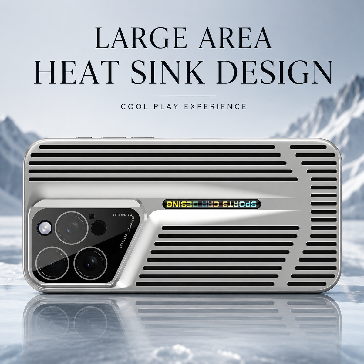 A silver slotted case rests horizontally on a reflective surface against snowy mountains. Text describes a large-area heat-sink design.