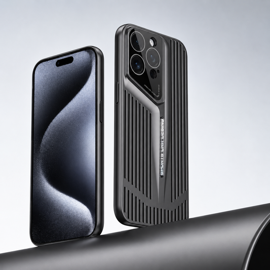 Front and rear views show a black slotted case on a curved dark platform. The angled camera border extends into a central ridge among the long vertical slots.