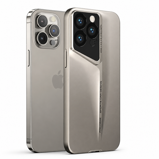 A pale phone stands beside a warm gray case on white, showing an angular camera surround and long tapered central ridge.