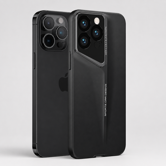 A black bare phone stands beside a fitted black case on pale gray. An angular blade-like ridge runs down the case back below its raised camera surround.