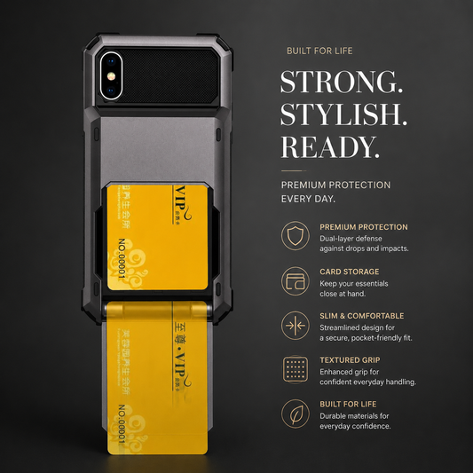 A rugged gray-and-black phone case stands upright against a dark background with its rear storage door open. A yellow card sits inside the compartment, with a second yellow card extending downward from the door. Text at right reads 'Strong. Stylish. Ready,' above five feature icons.