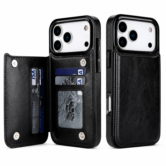Two rear views of a black wallet phone case stand side by side against a white background. The left view has its stitched flap open, revealing card slots, a clear ID window, and round metal-colored fastenings. The right view shows the flap closed beneath a pale three-lens camera panel.