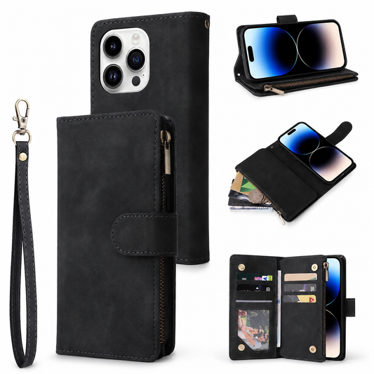 A collage shows a black zippered wallet phone case closed from front and back, with a matching wrist strap, folded as a horizontal stand, and expanded to reveal card slots, a photo window and a compartment containing cards and coins.