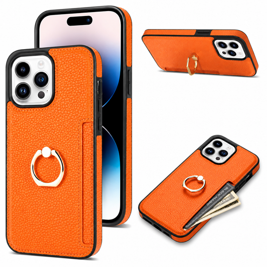 A white-background collage shows a bright orange textured phone case from the rear beside a front-facing phone. A gold-colored ring sits on the back above a narrow card slot. Smaller views show the phone supported horizontally by the unfolded ring and lying face down with several cards extending from the slot.