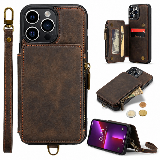 A brown stitched phone wallet appears with a wrist loop against white. Insets show its rear flap opened to card pockets and a clear window, its zip pocket holding cash, and a horizontal stand.